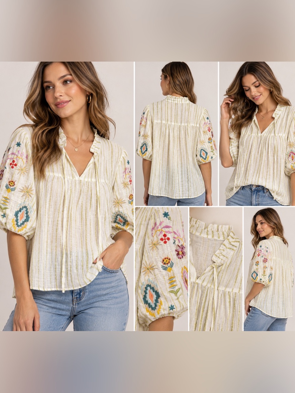 Mystree Embroidered Puff Sleeve Striped Boho Blouse – Size L NWT